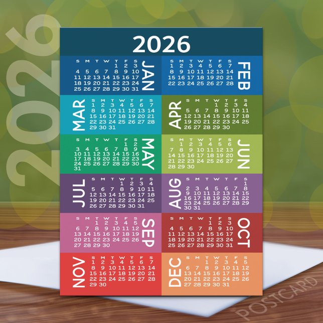 Kalender - Fullt år med färgade månader för funky Vykort (2026 Calendar Postcard)