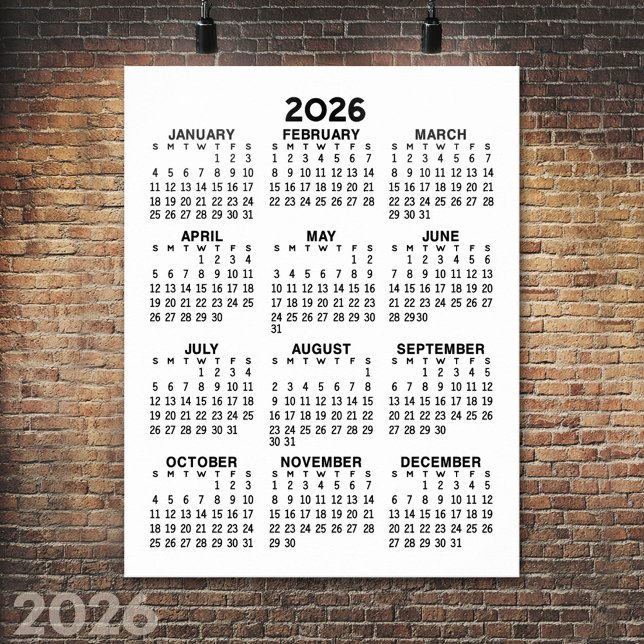 Kalender - Grundläggande Minimal Svart och Vit Poster (2026 Calendar Poster)