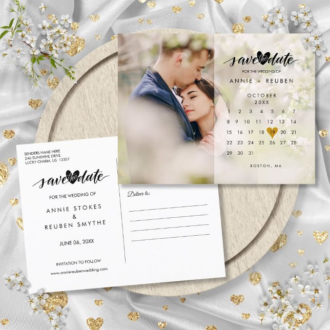 Kalender Guld Heart Photo Save Date Meddelande Vykort (Calendar Gold Heart Photo Save the Date Announcement Postcard)