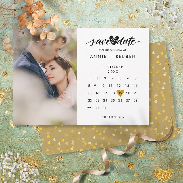 Kalender Guld Hjärtan Konfetti Foto Bröllop Spara Datumet (Calendar Gold Heart Confetti Photo Wedding Save The Date)