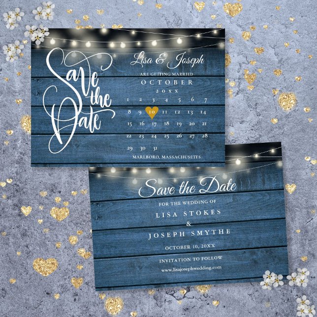 Kalender Guld Hjärtat Rustik Blå Trä Bröllop Spara Datumet (Calendar Gold Heart Rustic Blue Wood Wedding Save The Date)