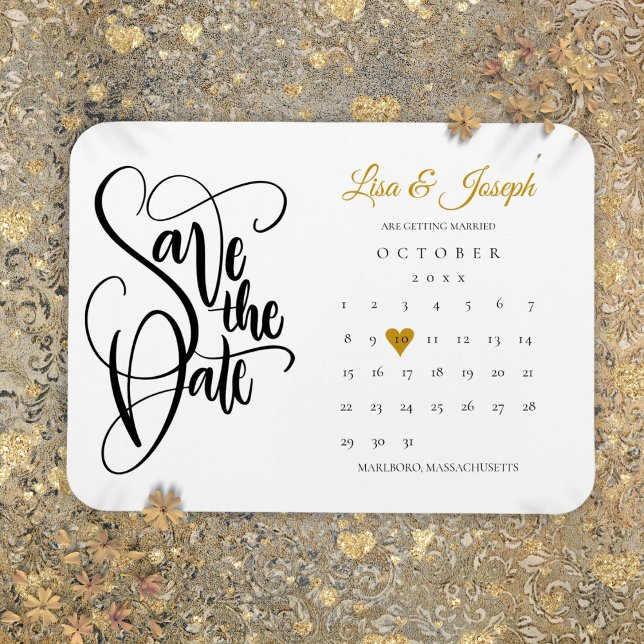 Kalender Guld Kärlek Hjärtan Bröllop Spara Datum Magnet (Calendar Gold Love Heart Wedding Save the Date Magnet)