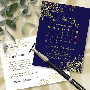 Kalender Guld & Navy Blue Bröllop spara datum Meddelande Vykort