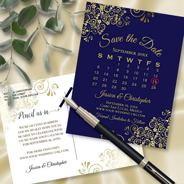Kalender Guld & Navy Blue Bröllop spara datum Meddelande Vykort (Front/Back)