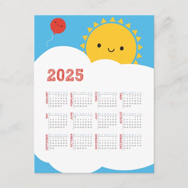 Kalender Kawaii Lycklig Sol 2025 Vykort (Framsida)