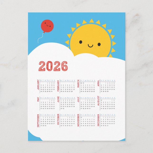 Kalender Kawaii Lycklig Sol 2026 Vykort (Framsida)