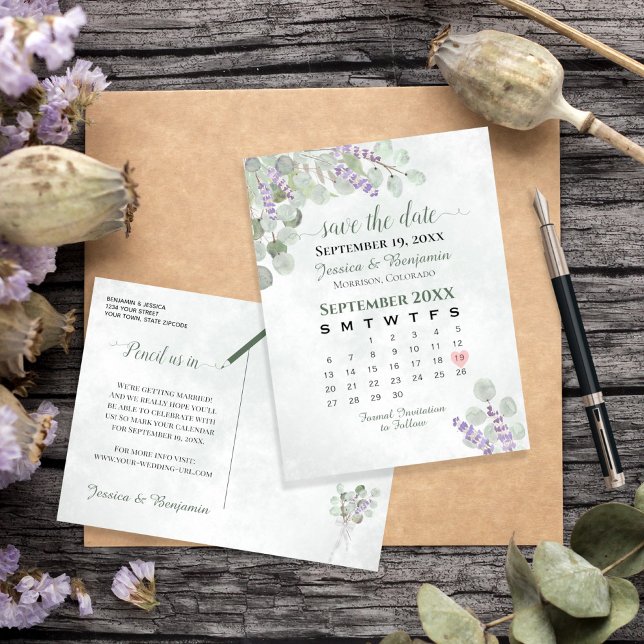 Kalender Lavender Eucalyptus Bröllop spara datum Meddelande Vykort (Skapare uppladdad)