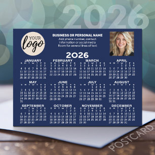 Kalender - logotyp, foto, affärskontakt - blått vykort