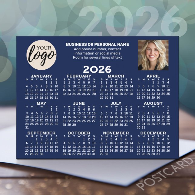 Kalender - logotyp, foto, affärskontakt - blått vykort (2026 Calendar Postcard - Add your logo, photo and business contact information)