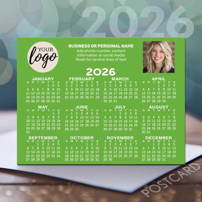 Kalender - logotyp, foto, affärskontakt - grönt vykort (2026 Calendar Postcard - Add your logo, photo and business contact information)