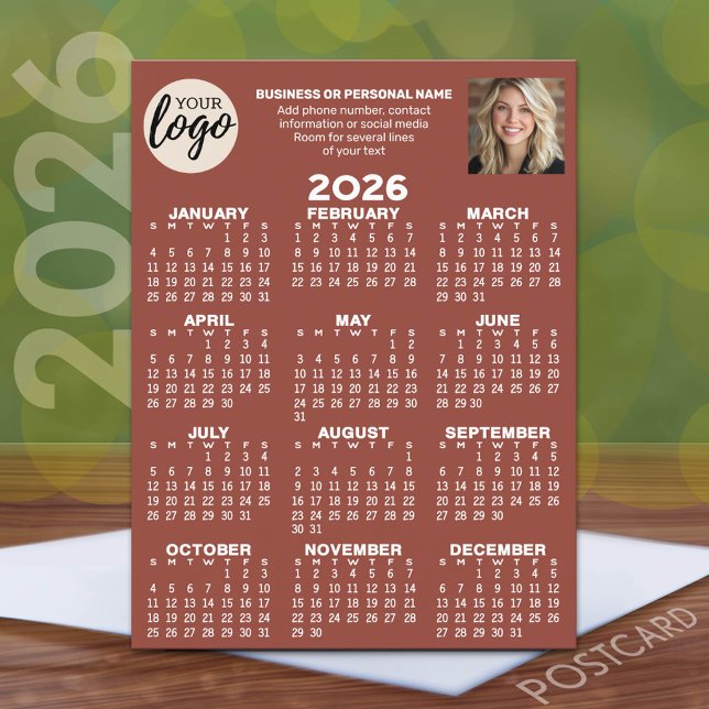 Kalender - logotyp, foto, affärskontakt - rost vykort (2026 Calendar Postcard with a logo, photo and business contact information)