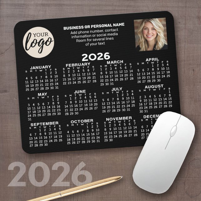 Kalender - logotyp, foto, affärskontakt - svart musmatta (2026 Calendar on a computer mousepad)
