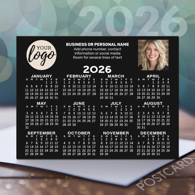 Kalender - logotyp, foto, affärskontakt - svart vykort (2026 Calendar Postcard - Add your logo, photo and business contact information)