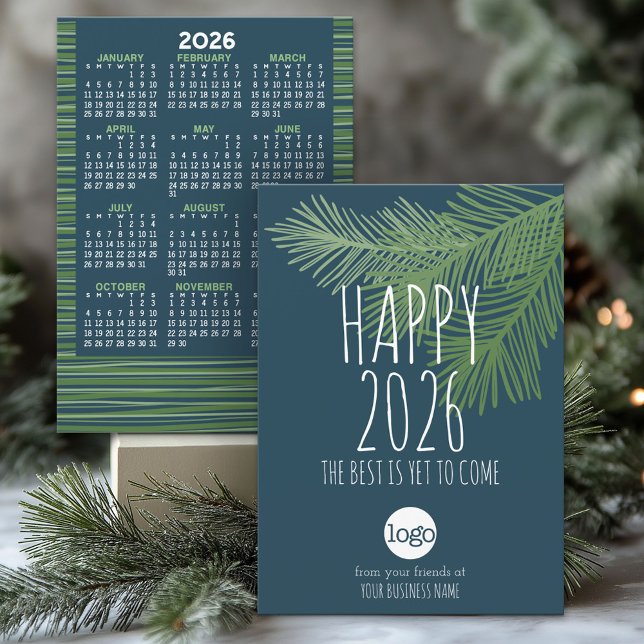 Kalender, Logotyp och Gott nytt år - blå Grönt Julkort (2026 Calendar on a Business Holiday Card)