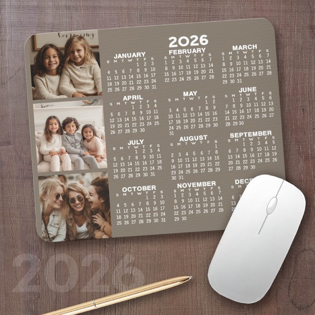 Kalender med 3 fotokollage - taupe musmatta (2026 Calendar with your logo or photos - Great Business Gift or Home Office Decor)