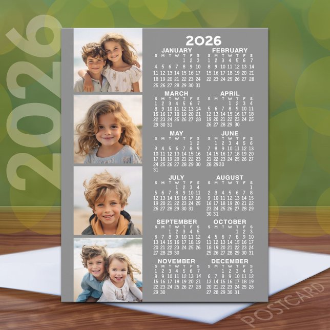 Kalender med 4 fotokollage - Grått Vykort (2026 Calendar Postcard)