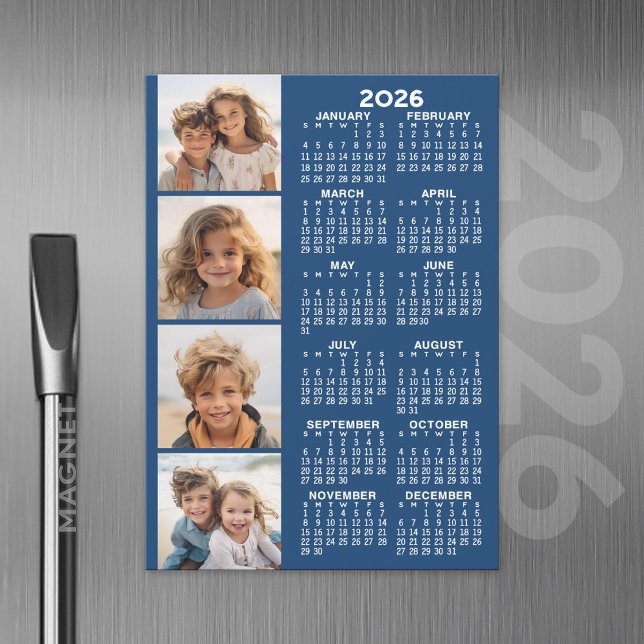 Kalender med 4 fotokollage Magnetiskt kort - blått (2026 Calendar with A Photo and Magnetic Back)