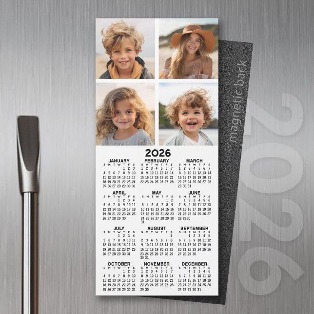Kalender med 4 fotokollage - Modern magnet (2026 Calendar Magnet for the Fridge or Home Office - Add a Photo for a Personal Touch)
