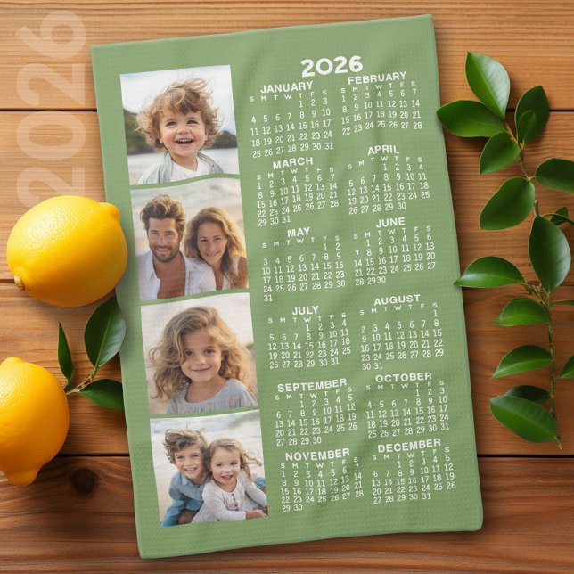 Kalender med 4 fotokollage - Sage Grönt Kökshandduk (2026 Calendar)