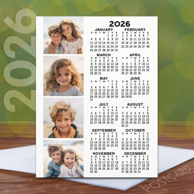 Kalender med 4 fotokollage - svart vitt vykort (2026 Calendar Postcard)