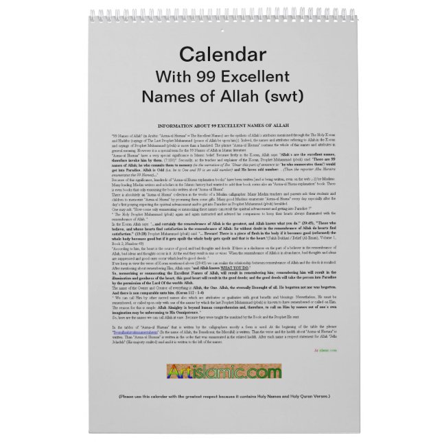 Kalender med 99 namn av Allah (swt) - Gud (Omslag)