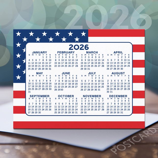 Kalender med amerikansk flagga - Röd Vit Blå Vykort (2026 Calendar Postcard)