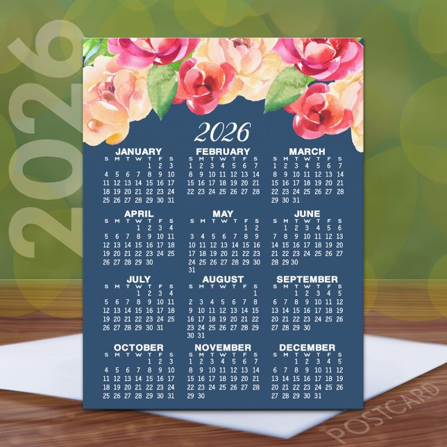 Kalender med färgade vattenfärgsblommor vykort (2026 Calendar Postcard)