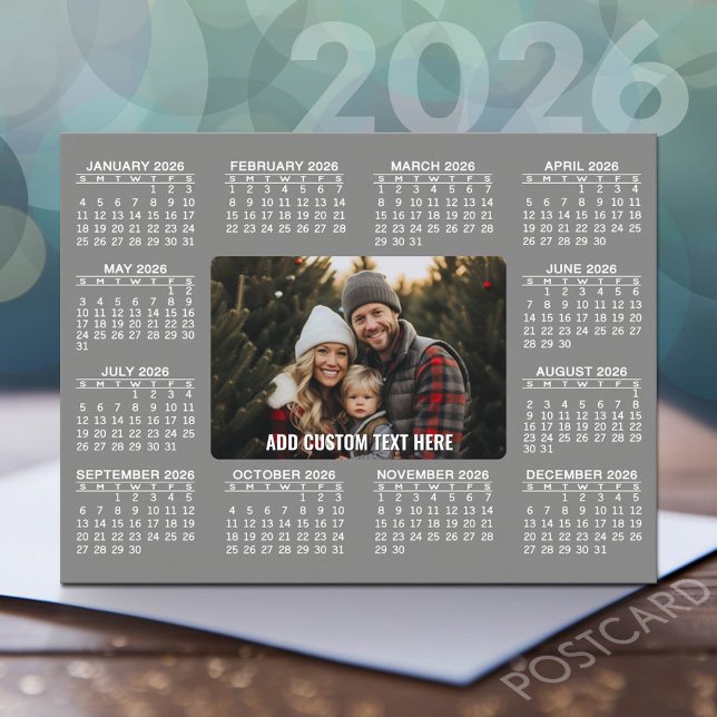 Kalender med foto i mitten - Grått White Vykort (2026 Calendar Postcard)