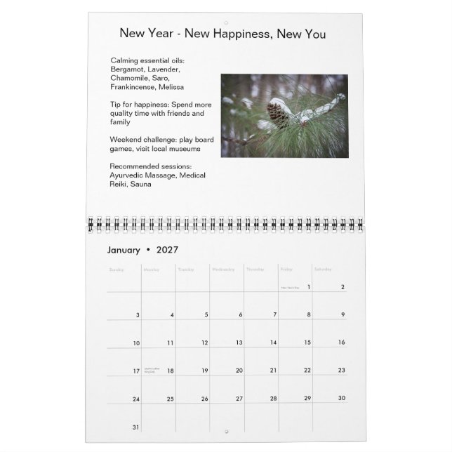 Kalender med hjälpsamma spetsar och säsongbilder (Jan 2027)