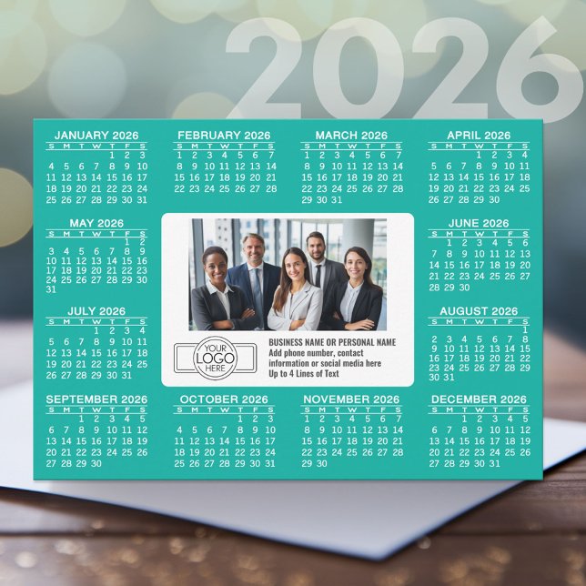 Kalender med kontaktinformation för logotyp julkort (2026 Calendar card for Office Holiday)