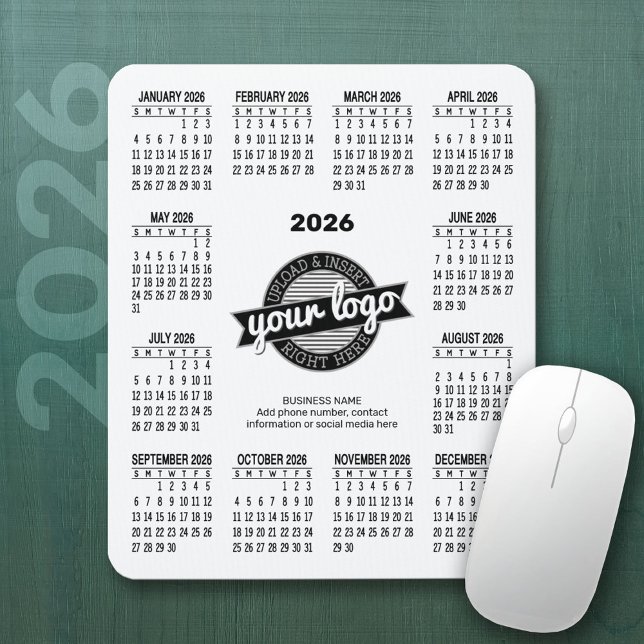 Kalender med logotyp, kontaktinformationsvit musmatta (2026 Calendar Mousepad)