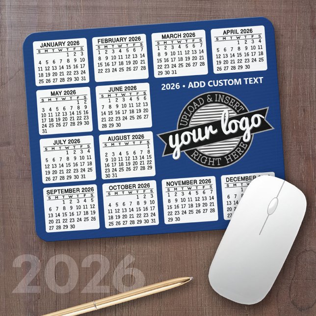 Kalender med logotyp och text - blått och vitt musmatta (2026 Calendar Mousepad)