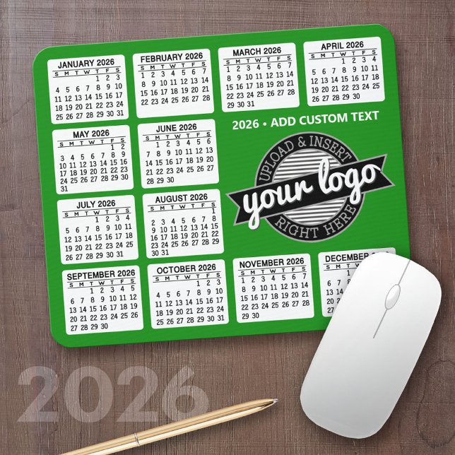 Kalender med logotyp och text - Grönt och vit Musmatta (2026 Calendar Mousepad)