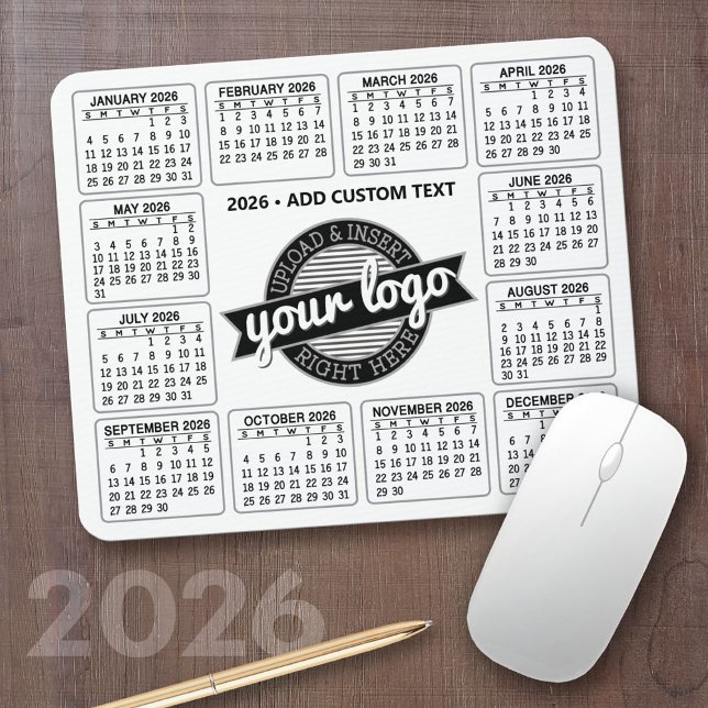 Kalender med logotyp och text - svartvitt musmatta (2026 Calendar Mousepad)