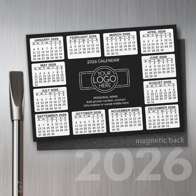 Kalender med logotypens kontaktinformation svart - (2026 Calendar with a Place for your logo - Hand Out To Clients as a Thank You Gift!)