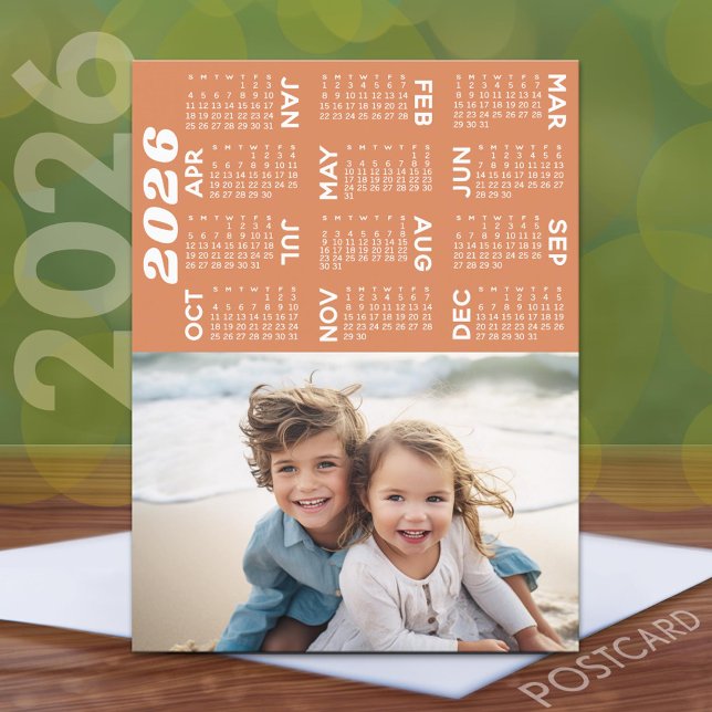 Kalender med Photo Fullt Year View Modern Minimal Vykort (2026 Calendar on a Postcard)