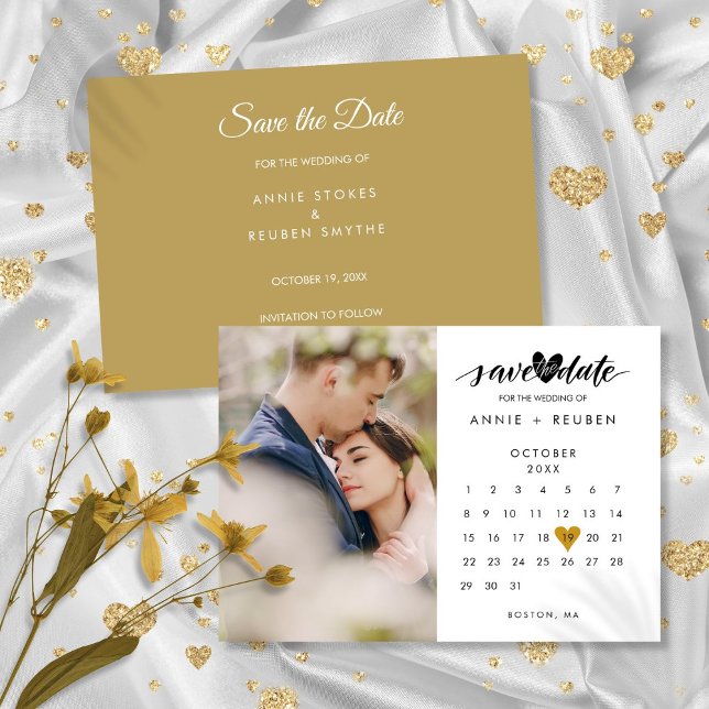 Kalender Modern Elegant Guld Hjärtat Foto Bröllop Spara Datumet (Calendar Modern Elegant Gold Heart Photo Wedding Save The Date)
