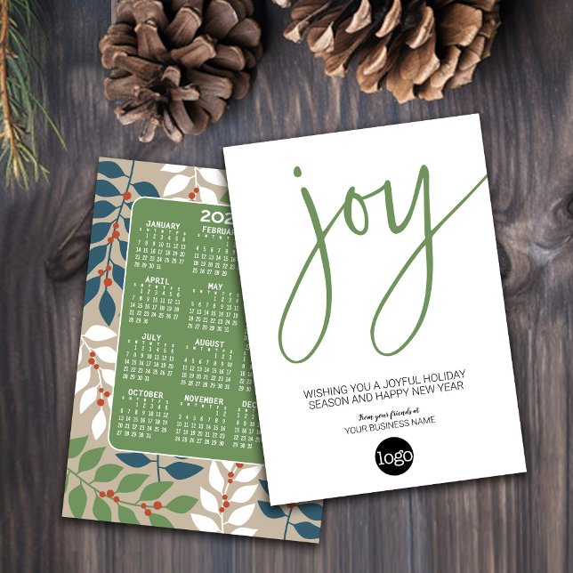 Kalender - modern JOY Blue grönt - Business Logoty Julkort (Holiday Card for Your Business - Add a Logo with a Calendar on the back)