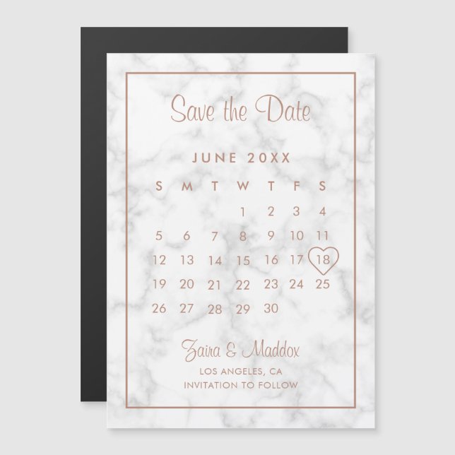 Kalender Modern Marble Rosa Guld Spara Datum Magnetisk Inbjudningskort (Fram/baksida)