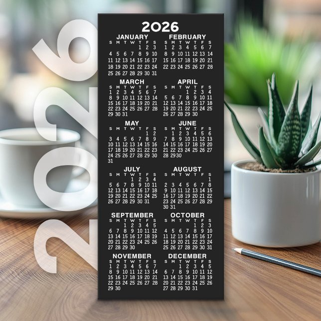 Kalender - Modern minsta svarta kort för högtalara (2026 Calendar on Cardstock - Simple, Minimal Design)