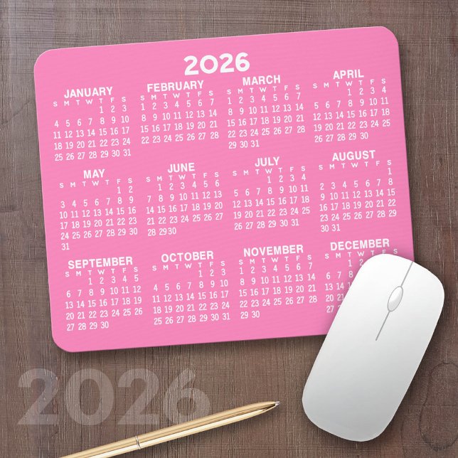 Kalender - modern rosa och vit enkel musmatta (2026 Calendar on a Mousepad)