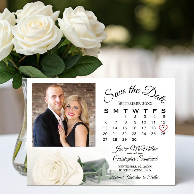 Kalender och foto för elegant Bröllop med Vit ros Spara Datumet (Skapare uppladdad)