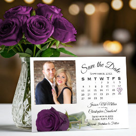 Kalender och foto för elegant Plum Lila Ro Bröllop Spara Datumet
