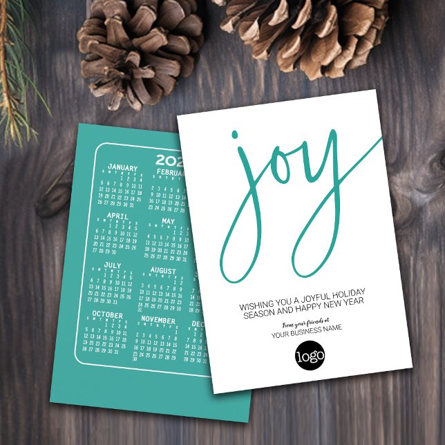 Kalender och Logotyp - JOY - Aqua White - Business Julkort (Holiday Card for Your Business - Add a Logo with a Calendar on the back)