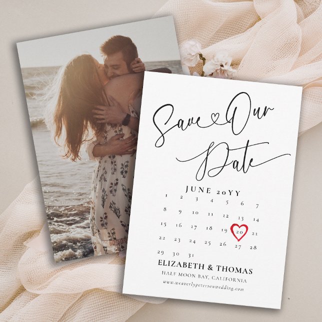 Kalender Rött Hjärt Datum Modern Kalligrafi Bröllo Spara Datumet (save the date wedding photo card calendar whimsical red heart modern simple elegant)