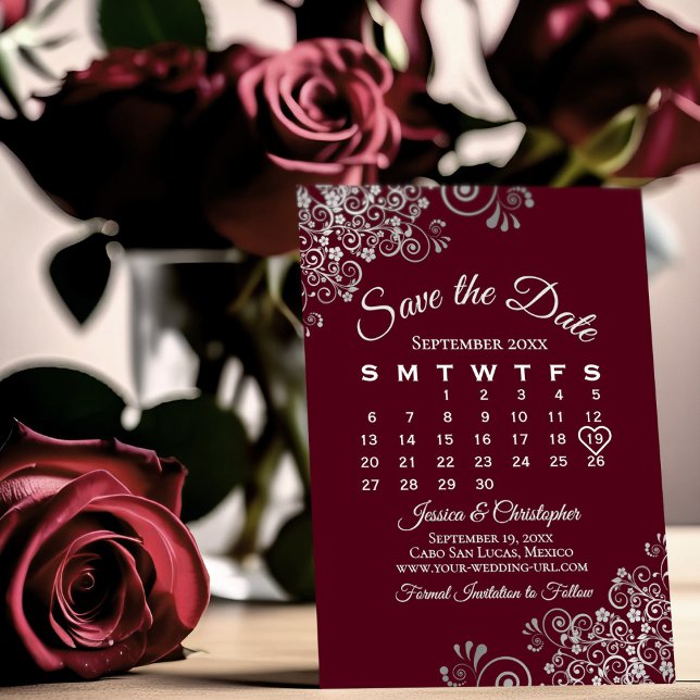 Kalender Silver & Burgundy Simple Elegant bröllop Spara Datumet (Skapare uppladdad)