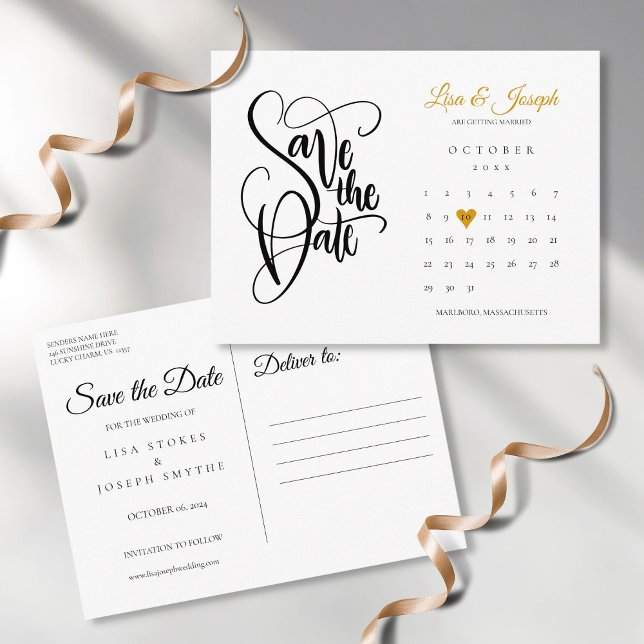 Kalender Skript Guld Hjärtat Spara Datum Postkort Vykort (Skapare uppladdad)