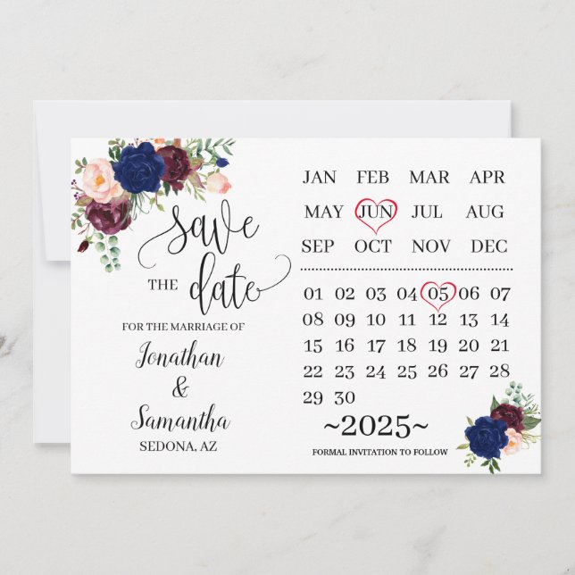 Kalender Spara Bröllopsdagen Tunga Burgundy Inbjudningar (Framsida)