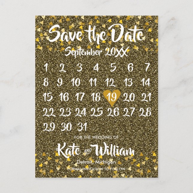 Kalender Spara datum Guld Kärlek Hearts Glitter Meddelande Vykort (Framsida)