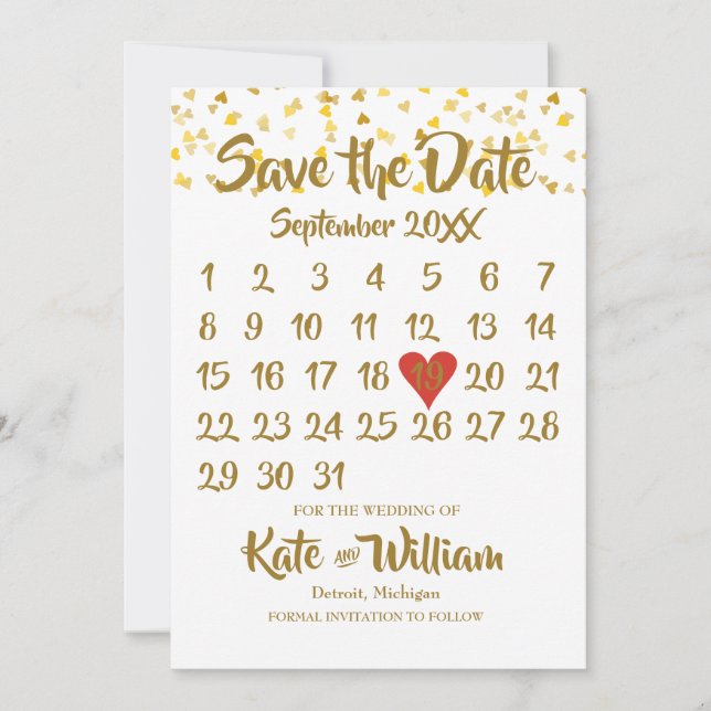 Kalender Spara datum Guld Kärlek Hjärtan Konfetti Datumet (Framsida)